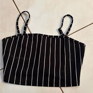 Crop spaghetti black and white stripe top.